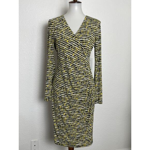 Calvin Klein Dress Mini Stretch Knit Pleated Print Multicolor V Neck - Picture 1 of 11